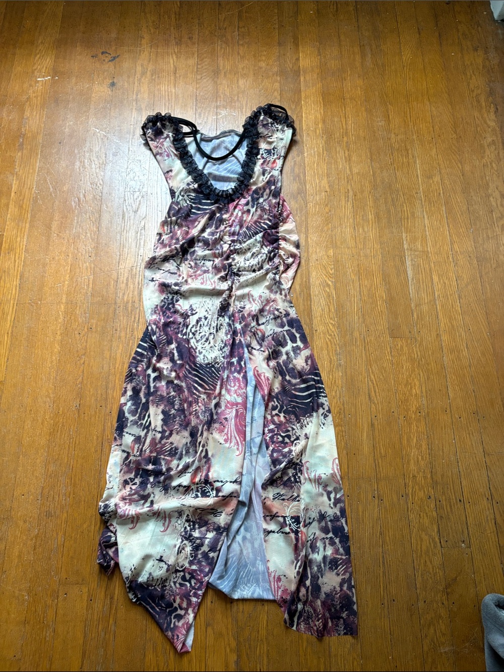 One-Shoulder Floral-Print Dress in Cream and Purple Brownish  Tones